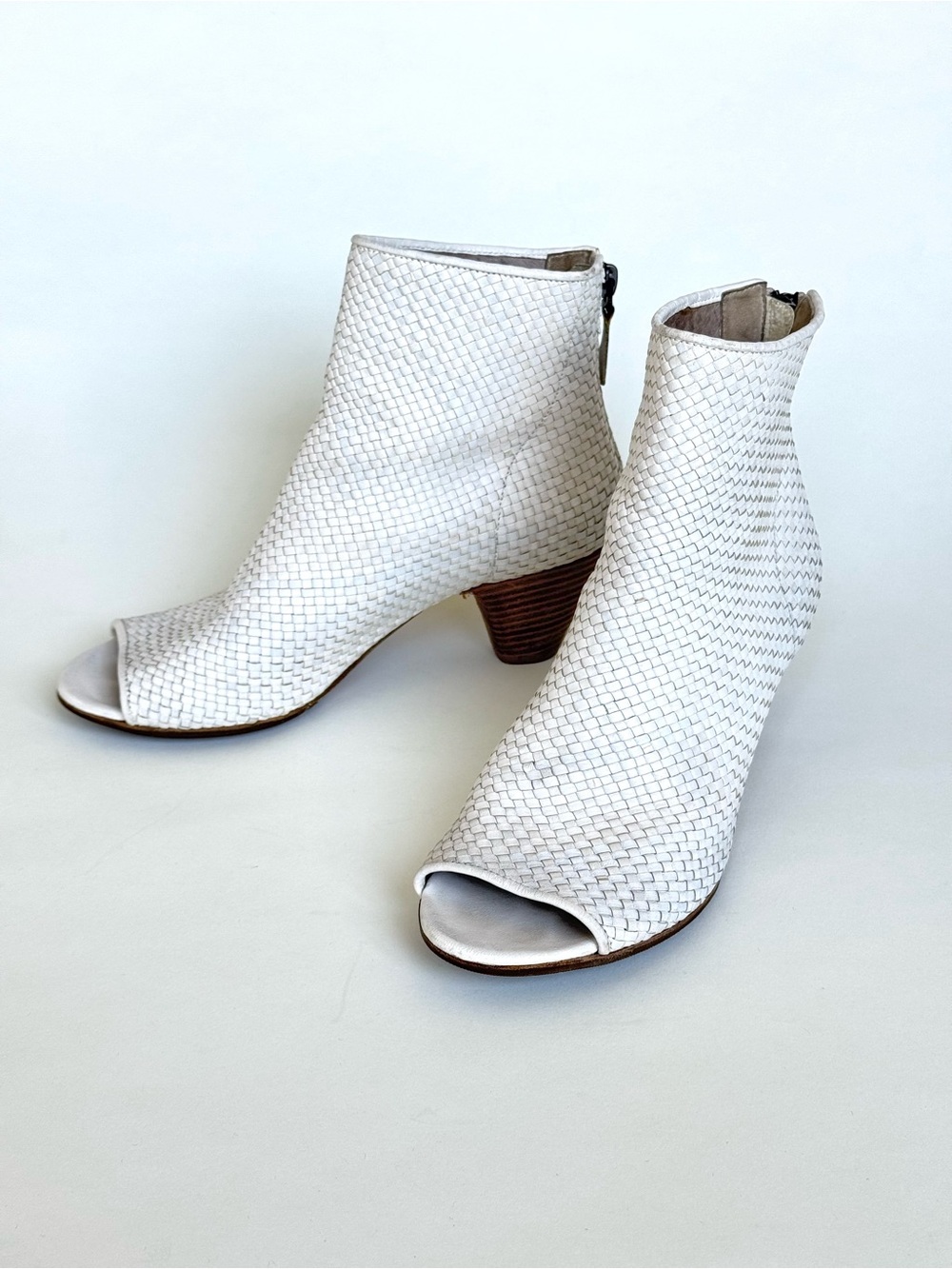 Marsèll Woven Leather Peep Toe Ankle Boots In White Leather - Size 36 - Italy